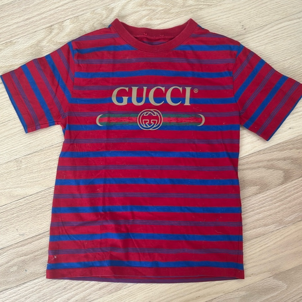 Boys Gucci red blue striped distressed t shirt size 8